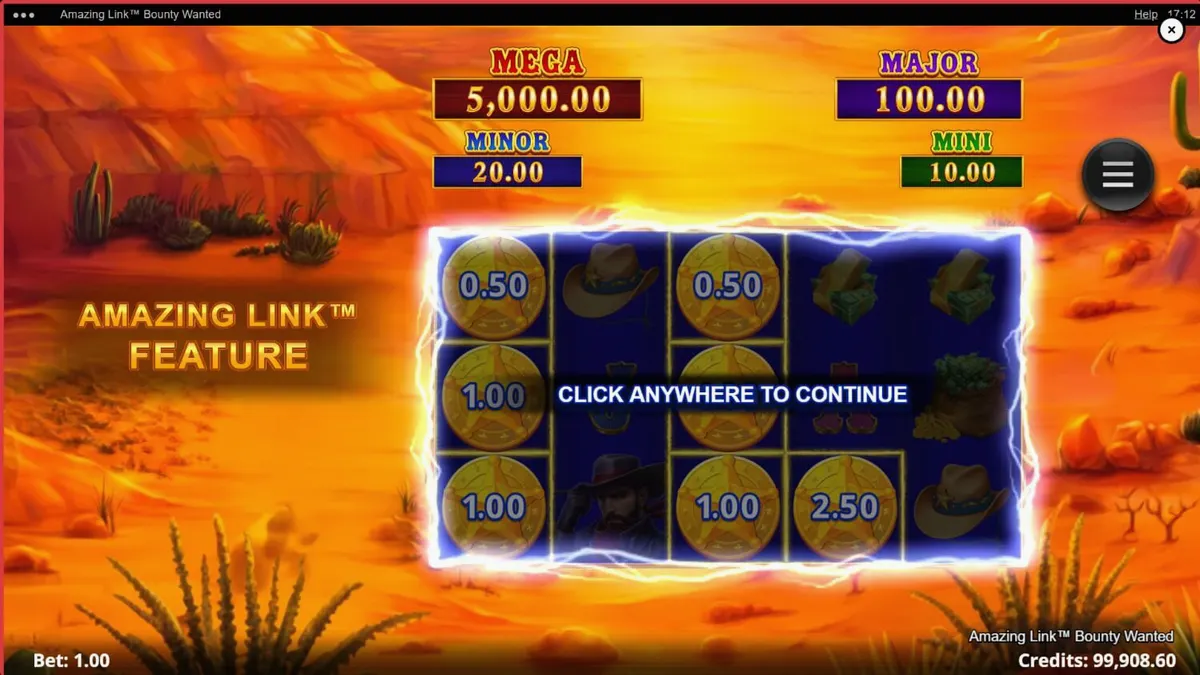 Cena do jogo de slot Amazing Link Bounty Wanted com tema de faroeste