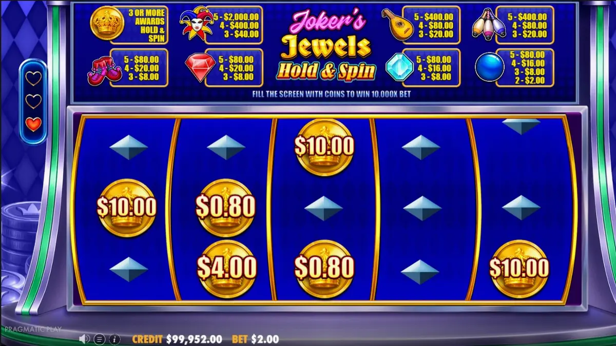 Interface colorida e vibrante do slot Joker’s Jewels Hold & Spin com elementos clássicos de cassino